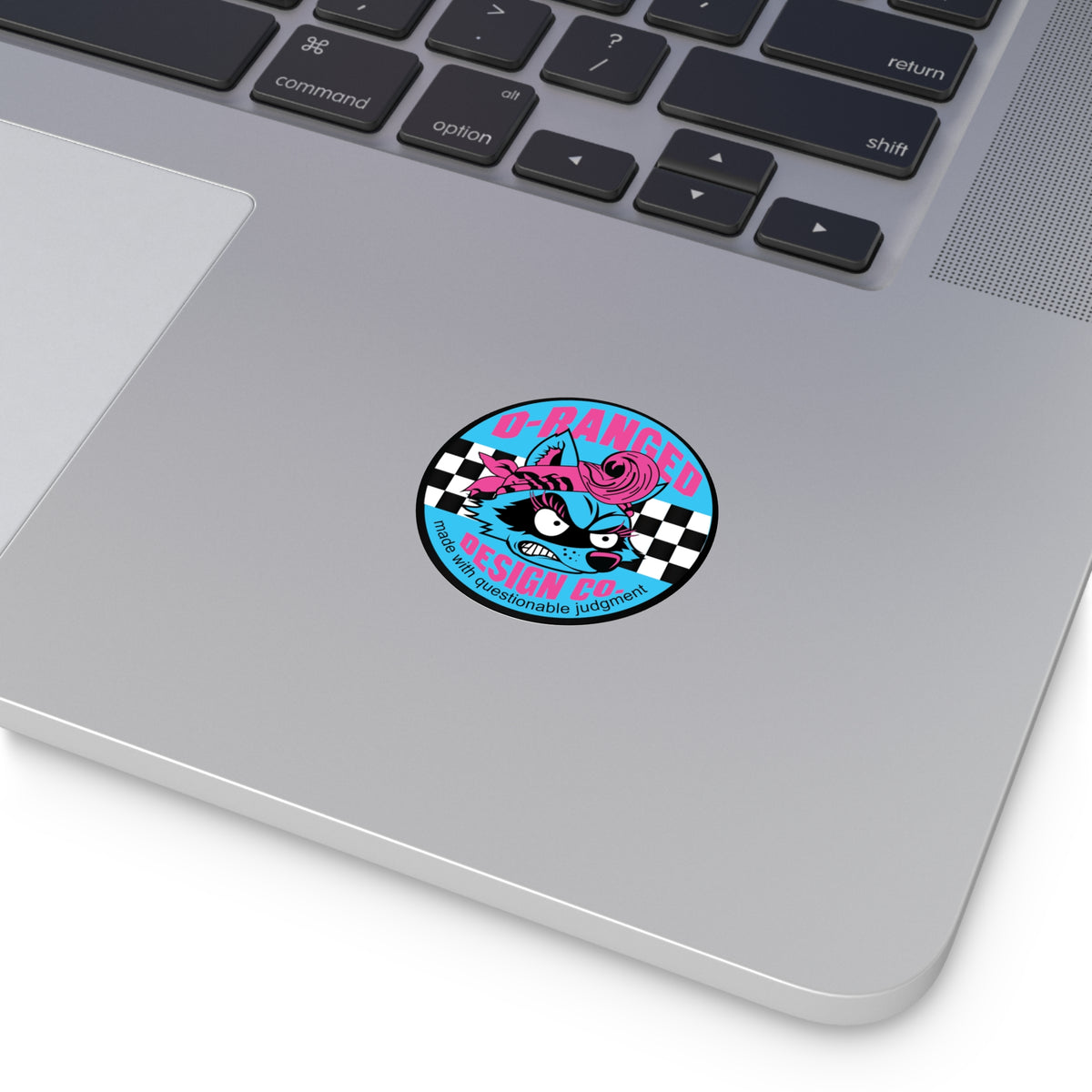 D-Ranged Design Co. Round Sticker — Retro Racoon Logo, 'Made with Questionable Judgment'