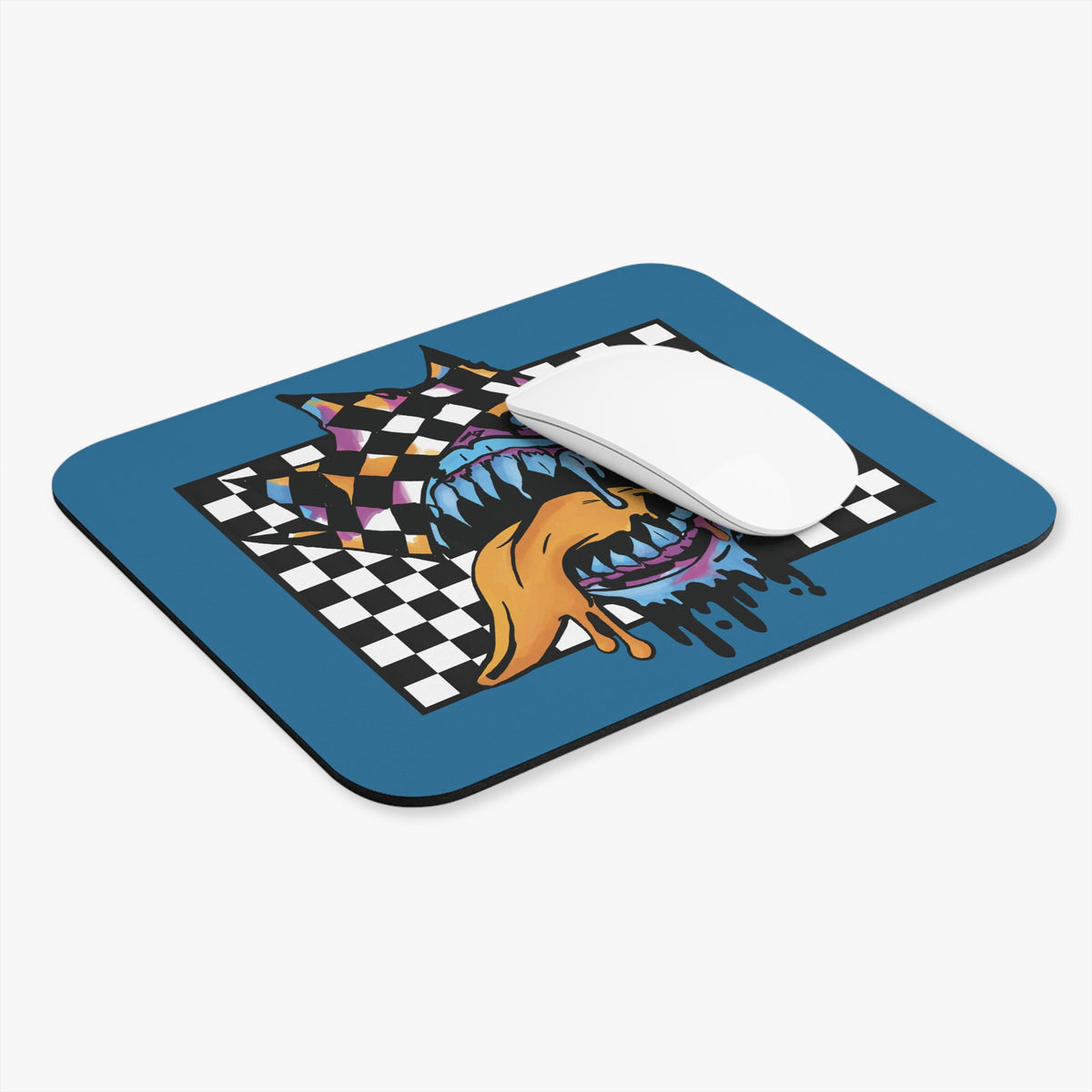 Monster Checkerboard Mouse Pad — Retro Dripping Jaw Graphic