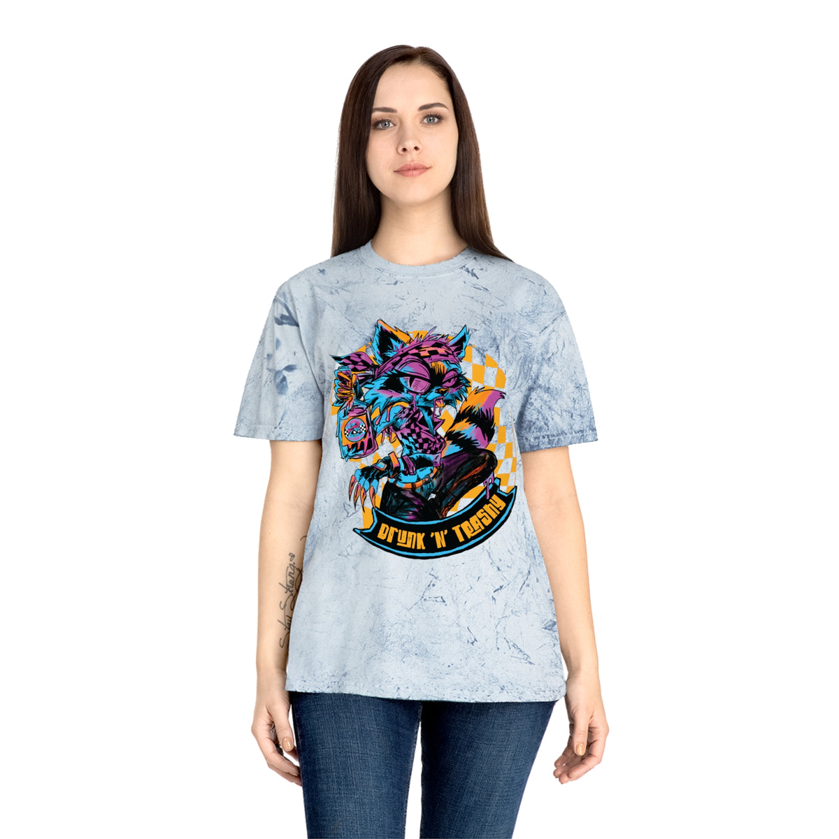 Retro Neon Raccoon Graphic T-Shirt — "Drunk 'N' Disorderly" Tie-Dye Tee