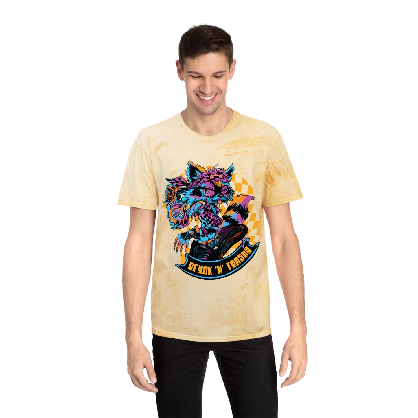 Retro Neon Raccoon Graphic T-Shirt — "Drunk 'N' Disorderly" Tie-Dye Tee
