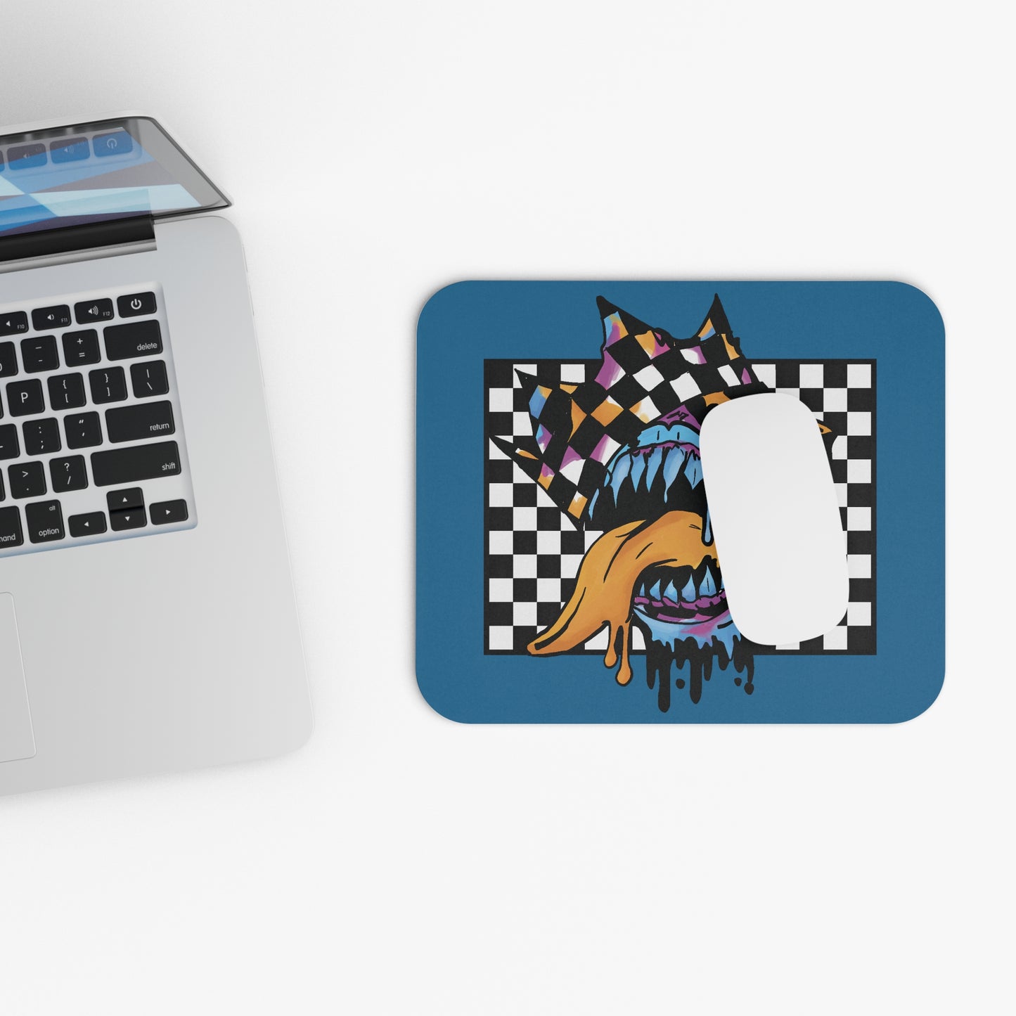 Monster Checkerboard Mouse Pad — Retro Dripping Jaw Graphic
