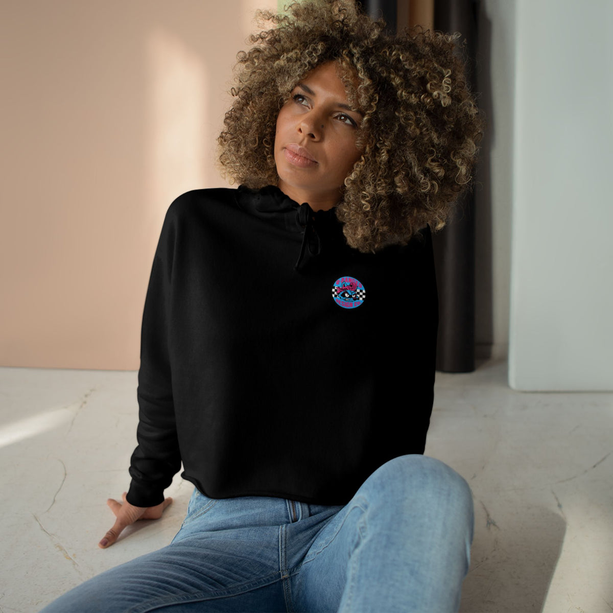 Cropped Hoodie — Neon Cyberpunk Raccoon Graphic (Miss D Meanor)