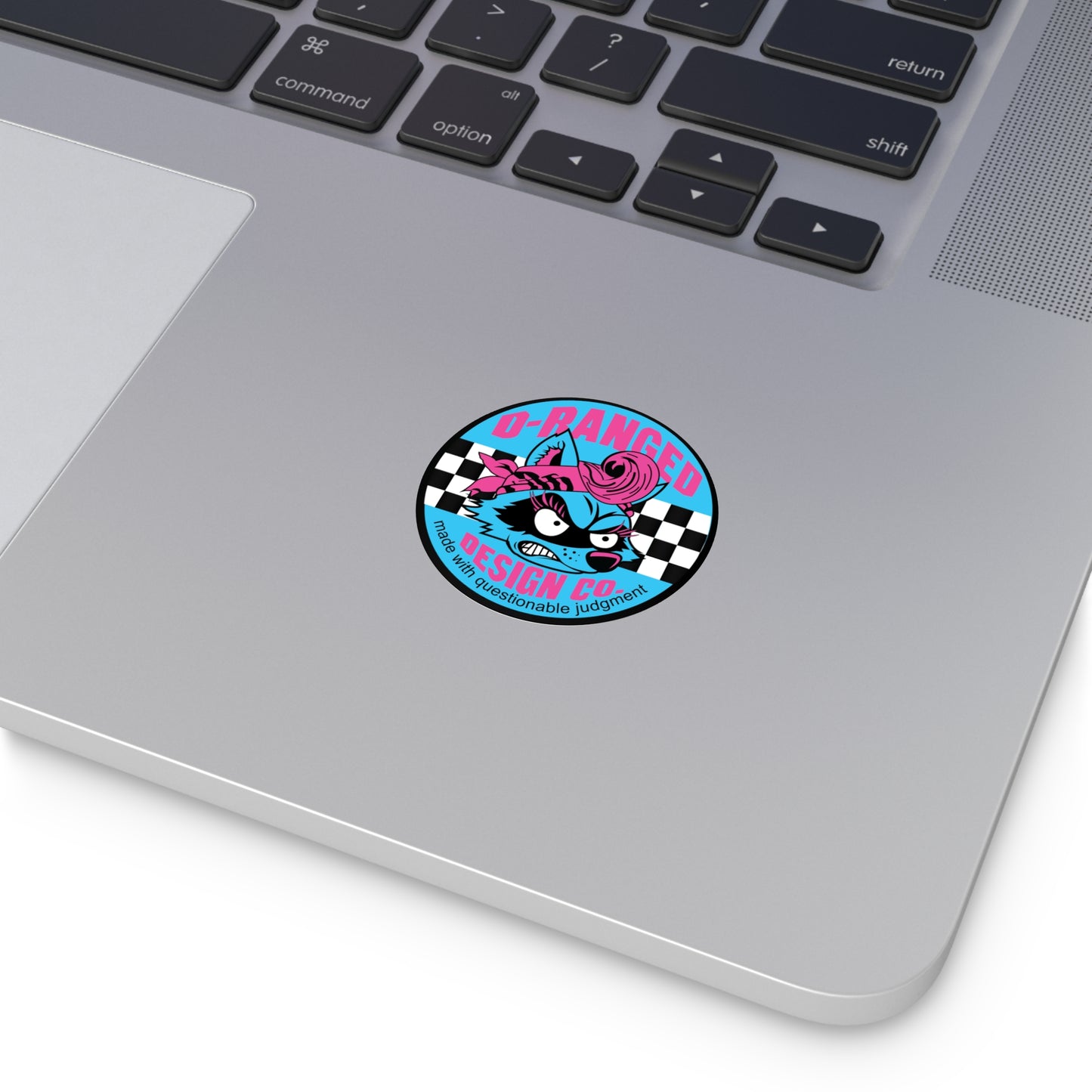 D-Ranged Design Co. Round Sticker — Retro Racoon Logo, 'Made with Questionable Judgment'