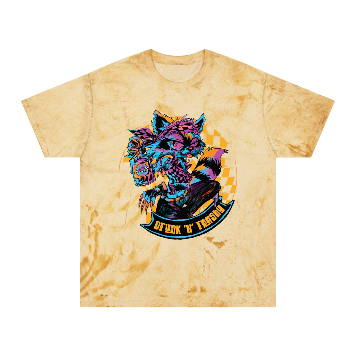 Retro Neon Raccoon Graphic T-Shirt — "Drunk 'N' Disorderly" Tie-Dye Tee