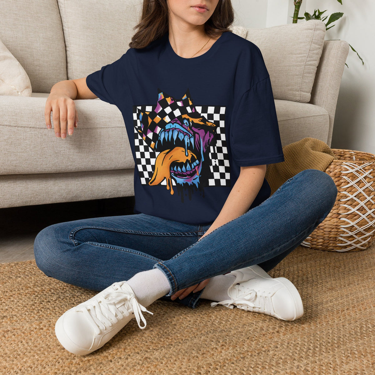 Checkerboard Punk Graphic T-Shirt — Colorful Dripping Streetwear Tee