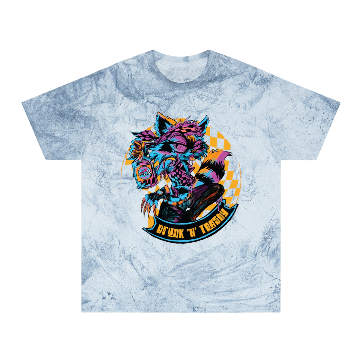 Retro Neon Raccoon Graphic T-Shirt — "Drunk 'N' Disorderly" Tie-Dye Tee
