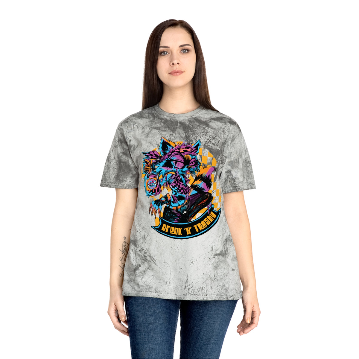 Retro Neon Raccoon Graphic T-Shirt — "Drunk 'N' Disorderly" Tie-Dye Tee