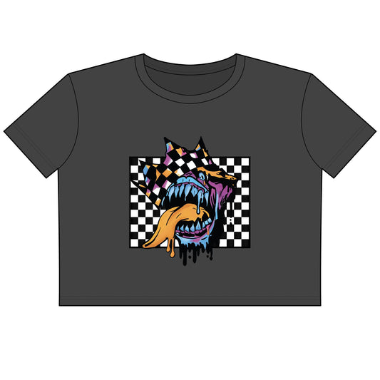 Checkerboard Drip Crop Tee — Women's Graphic Crop T-Shirt