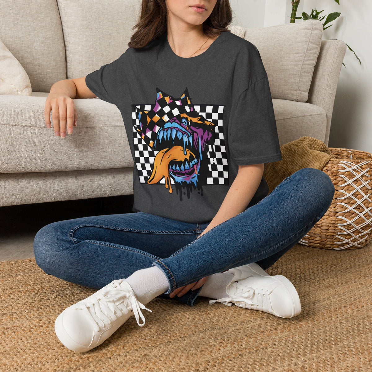 Checkerboard Punk Graphic T-Shirt — Colorful Dripping Streetwear Tee