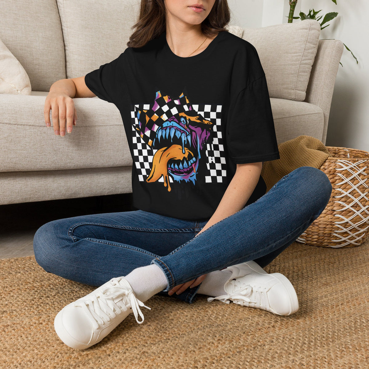 Checkerboard Punk Graphic T-Shirt — Colorful Dripping Streetwear Tee