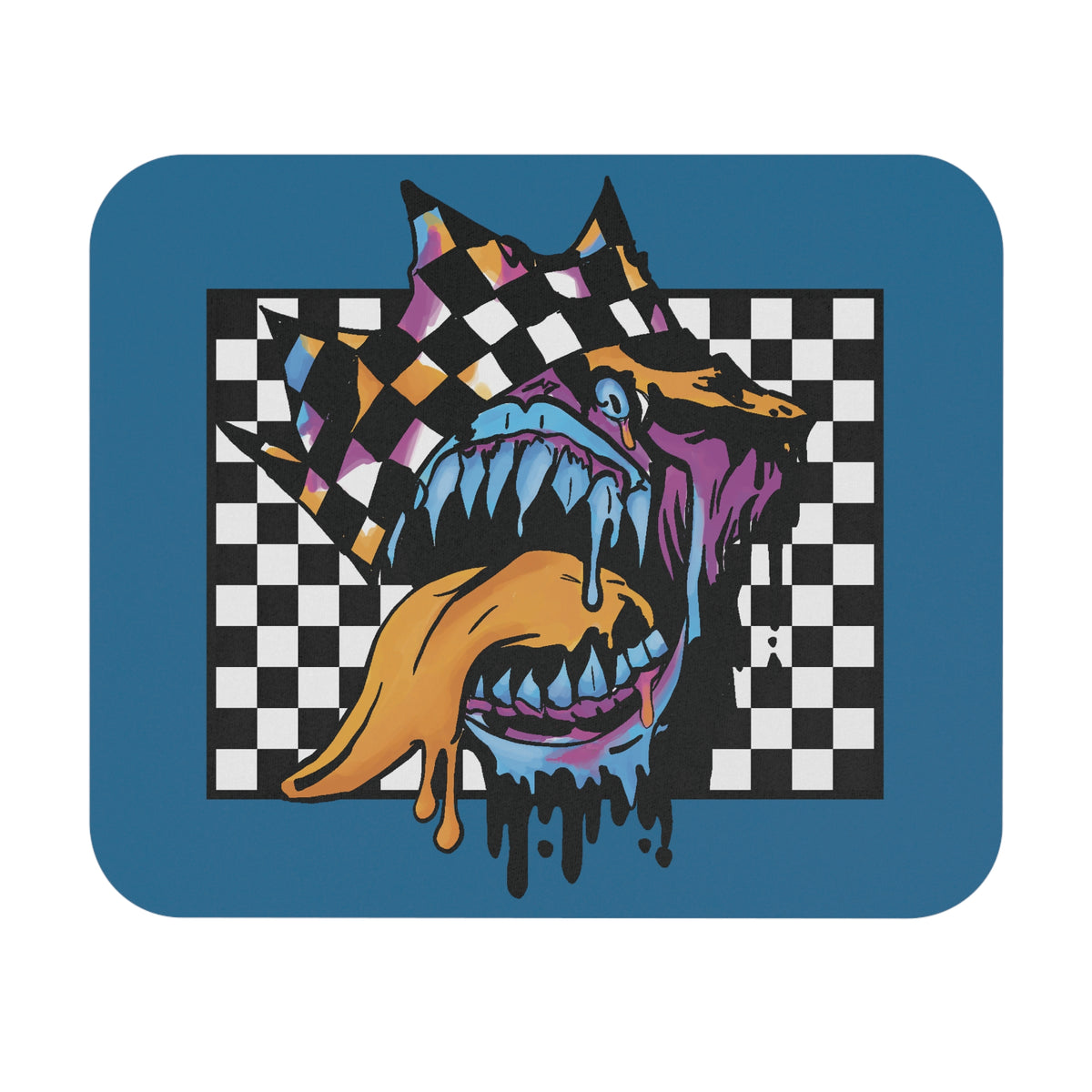 Monster Checkerboard Mouse Pad — Retro Dripping Jaw Graphic