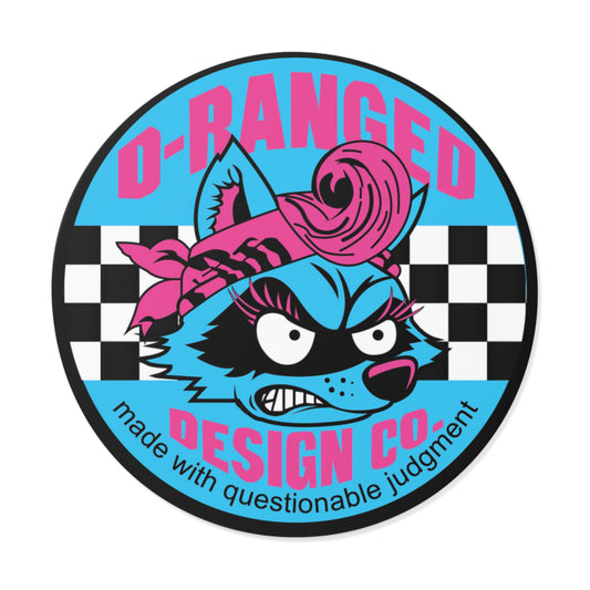 D-Ranged Design Co. Round Sticker — Retro Racoon Logo, 'Made with Questionable Judgment'