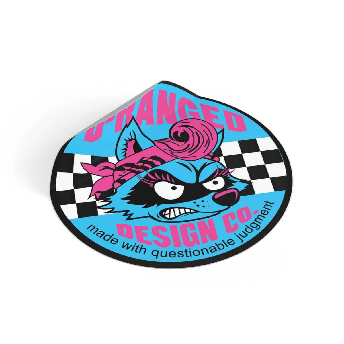D-Ranged Design Co. Round Sticker — Retro Racoon Logo, 'Made with Questionable Judgment'