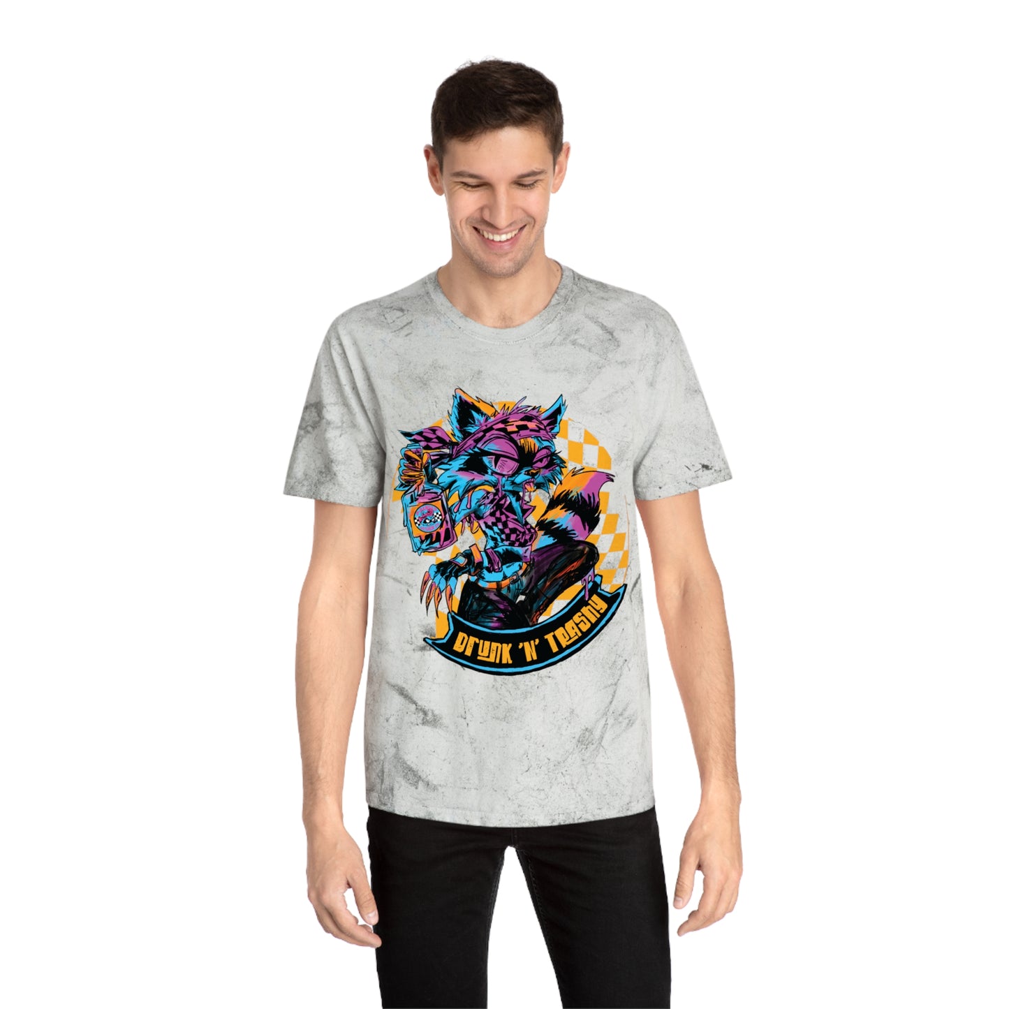 Retro Neon Raccoon Graphic T-Shirt — "Drunk 'N' Disorderly" Tie-Dye Tee