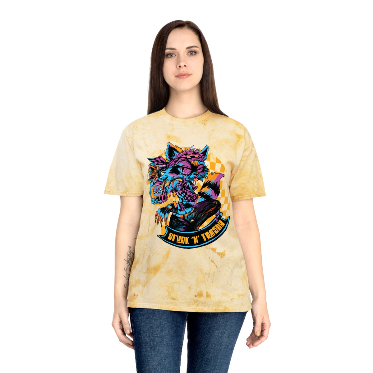 Retro Neon Raccoon Graphic T-Shirt — "Drunk 'N' Disorderly" Tie-Dye Tee