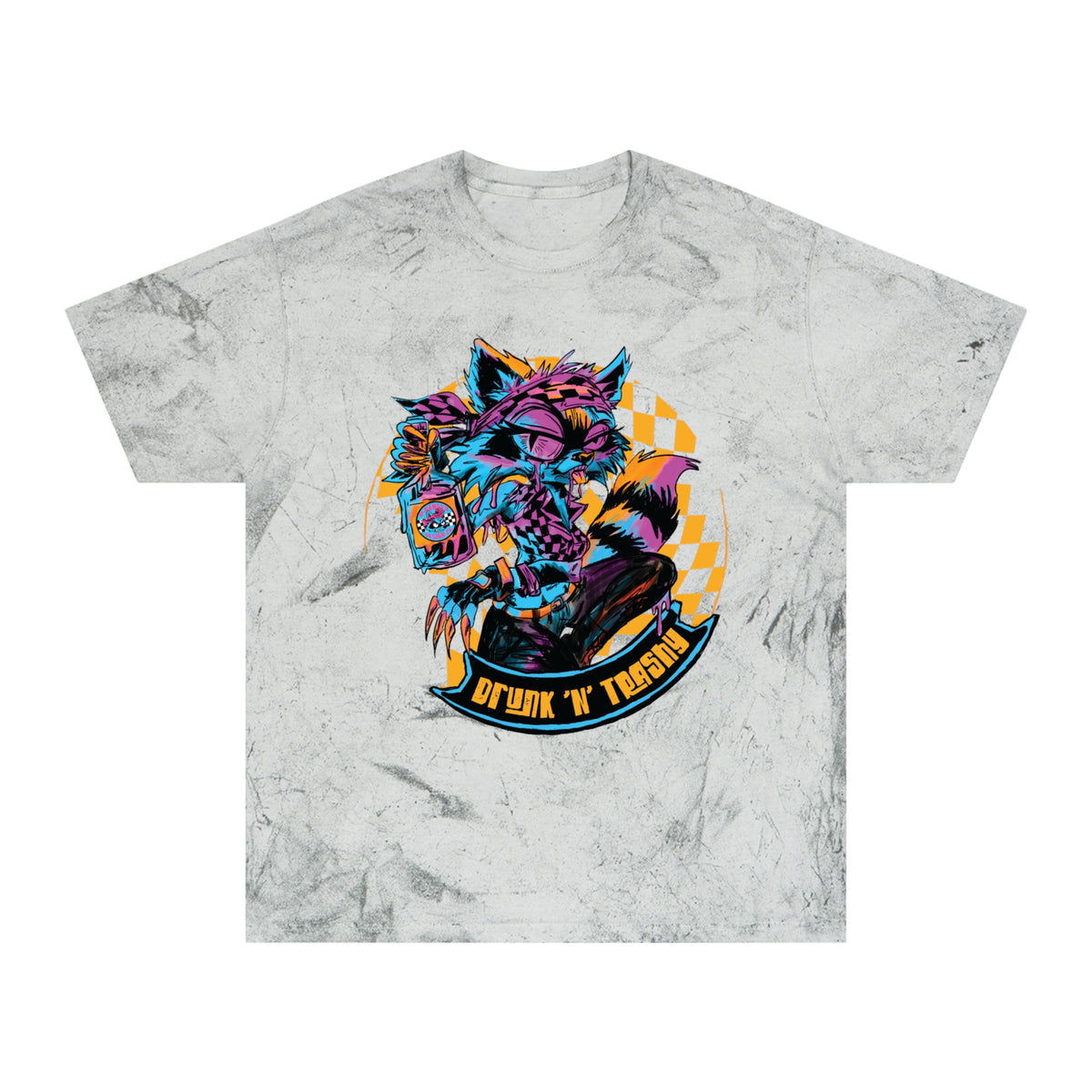 Retro Neon Raccoon Graphic T-Shirt — "Drunk 'N' Disorderly" Tie-Dye Tee