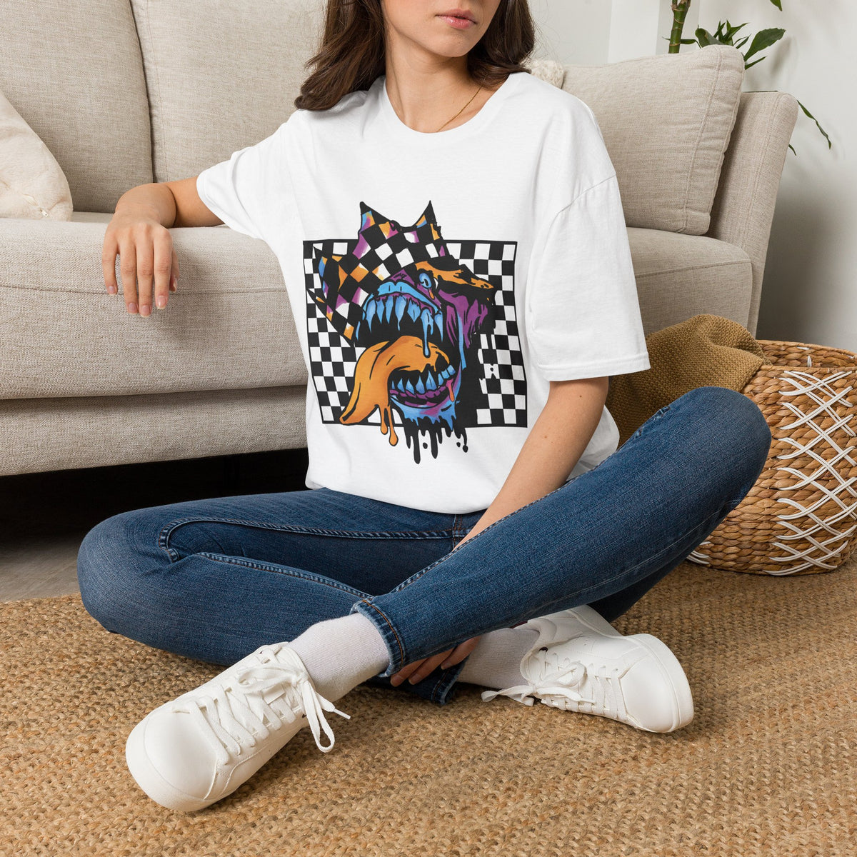 Checkerboard Punk Graphic T-Shirt — Colorful Dripping Streetwear Tee