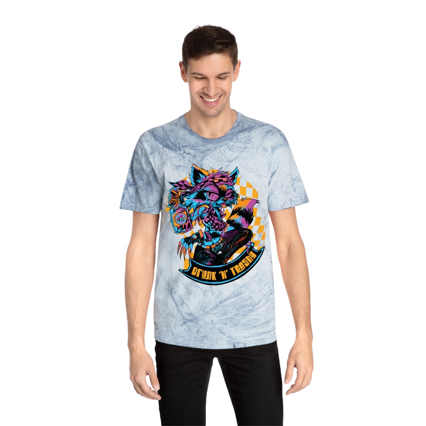 Retro Neon Raccoon Graphic T-Shirt — "Drunk 'N' Disorderly" Tie-Dye Tee
